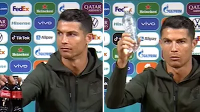 Ronaldo then picked out a bottle of water and said to the cameras: “Agua! (Water!)”. Ronaldo then picked out a bottle of water and said to the cameras: “Agua! (Water!)”.